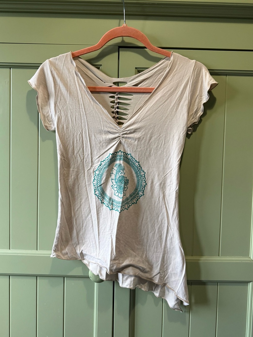 Women's Cream Short Sleeve V-Neck Top with Teal Peacock Mandala Print